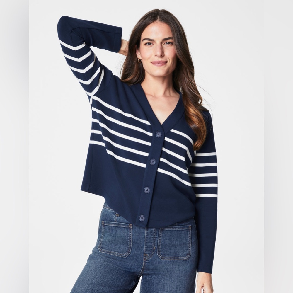 NWT SPANX AirEssentials Blue White Striped Button Down Cardigan Size Medium